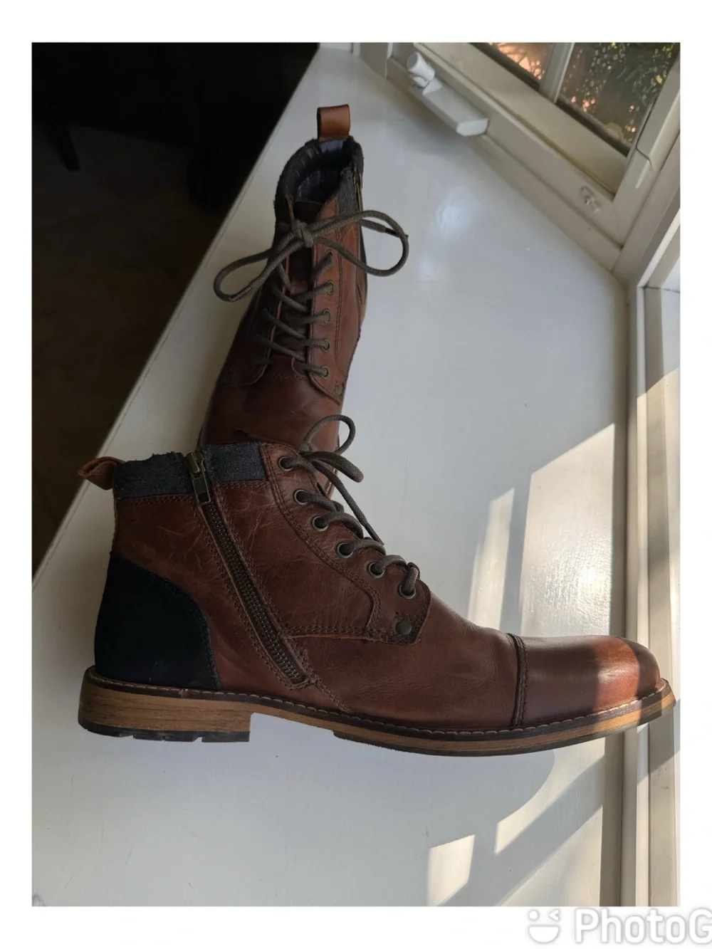 Crevo Men’s Brown Leather Lace Up Zipper Ankle Boots Size 10.5 side zip